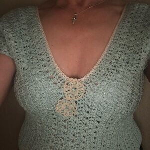 Crocheted Pale Mint Top with Lace Flower Accents